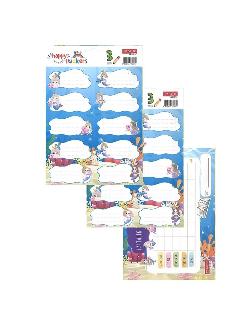 Kids Ders Programlı Deniz Kızı Baskılı Okul Etiketi 3 Sayfa Kız Öğrenci