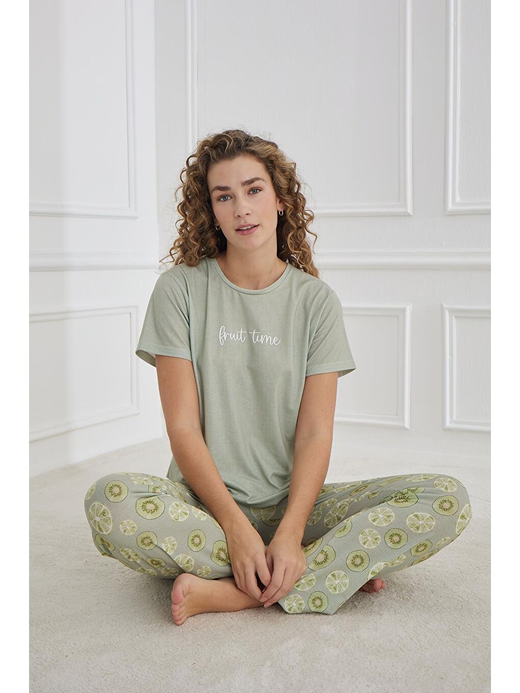 Kadın Desenli Elastanlı Süprem Bisiklet Yaka Pijama Takım | Yeşil 70109-1219-1