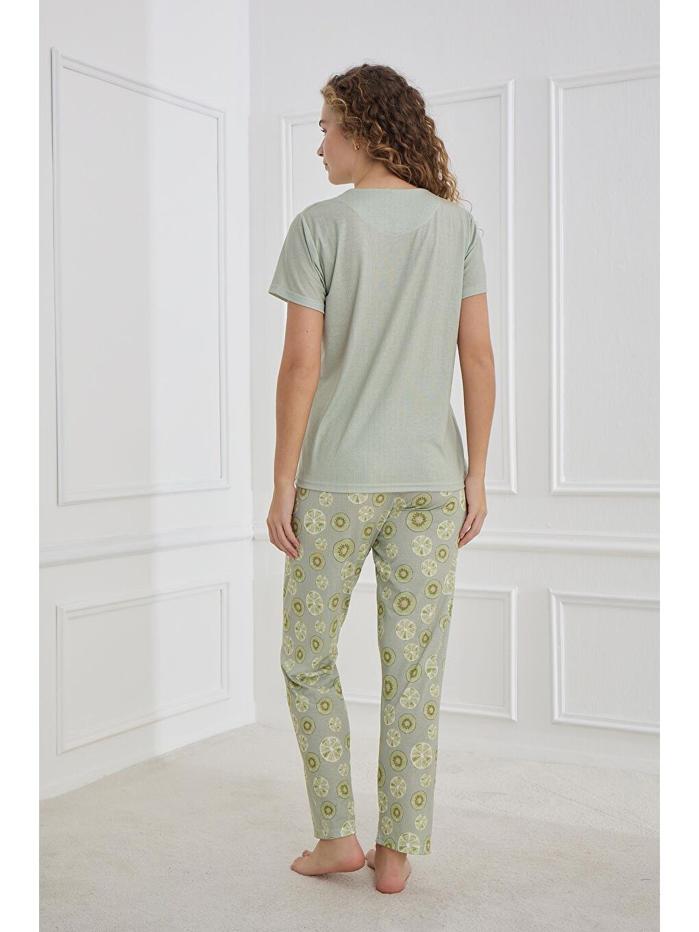 Kadın Desenli Elastanlı Süprem Bisiklet Yaka Pijama Takım | Yeşil 70109-1219-2