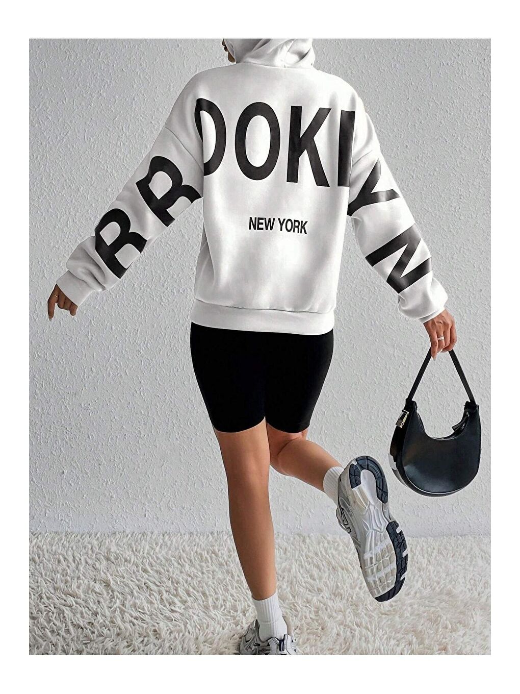 Kadın Beyaz Kolları Brooklyn New York Baskılı Oversize Kapüşonlu Sweatshirt Hoodie-3