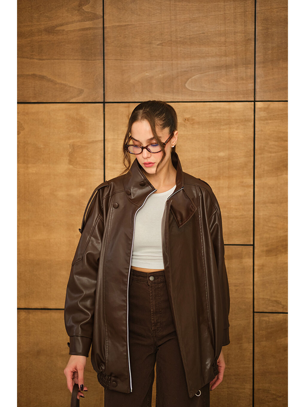 Kadın Dik Yaka Deri Ceket Kahverengi-3