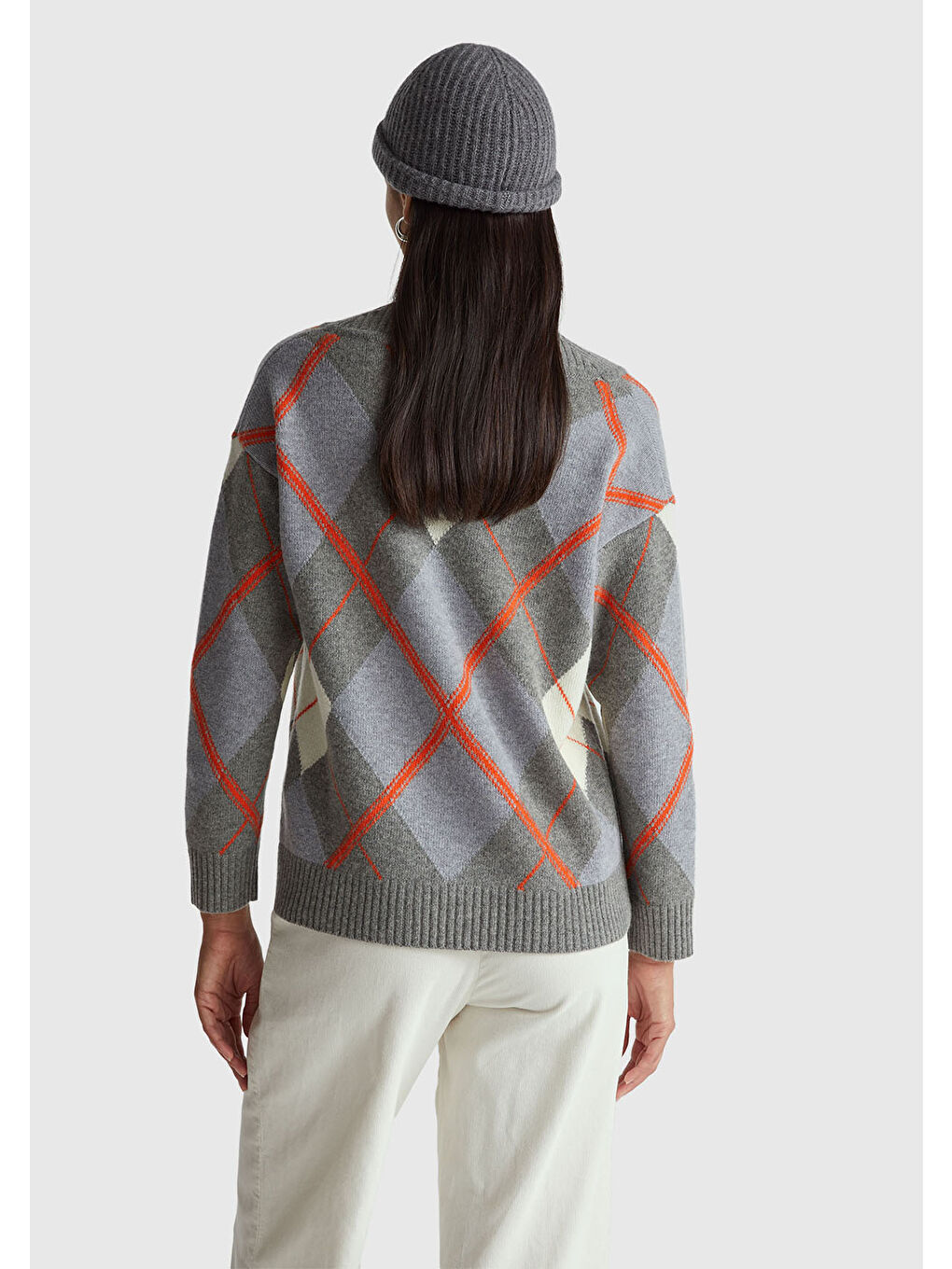 Kadın Antrasit Yün Karışımlı Baklava Desenli Ribana Detaylı V Yaka Kazak-2