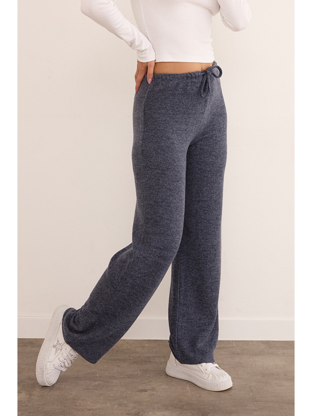 İndigo Beli Bağlamalı Yumoş Palazzo Pantolon-1