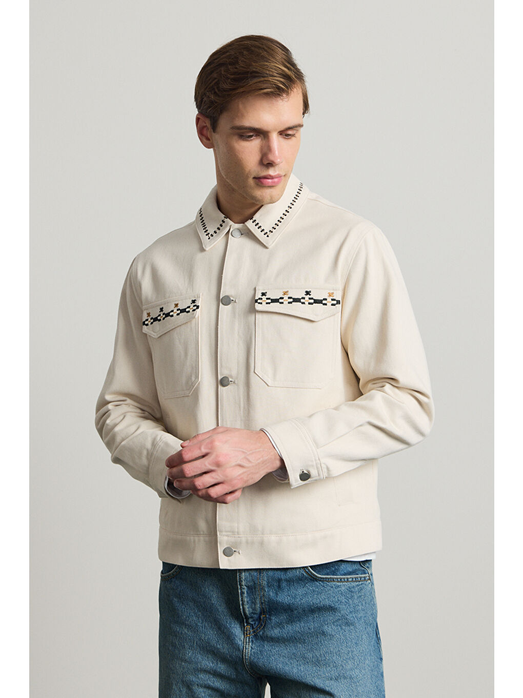 Erkek Nakışlı Denim Ceket Bej-3