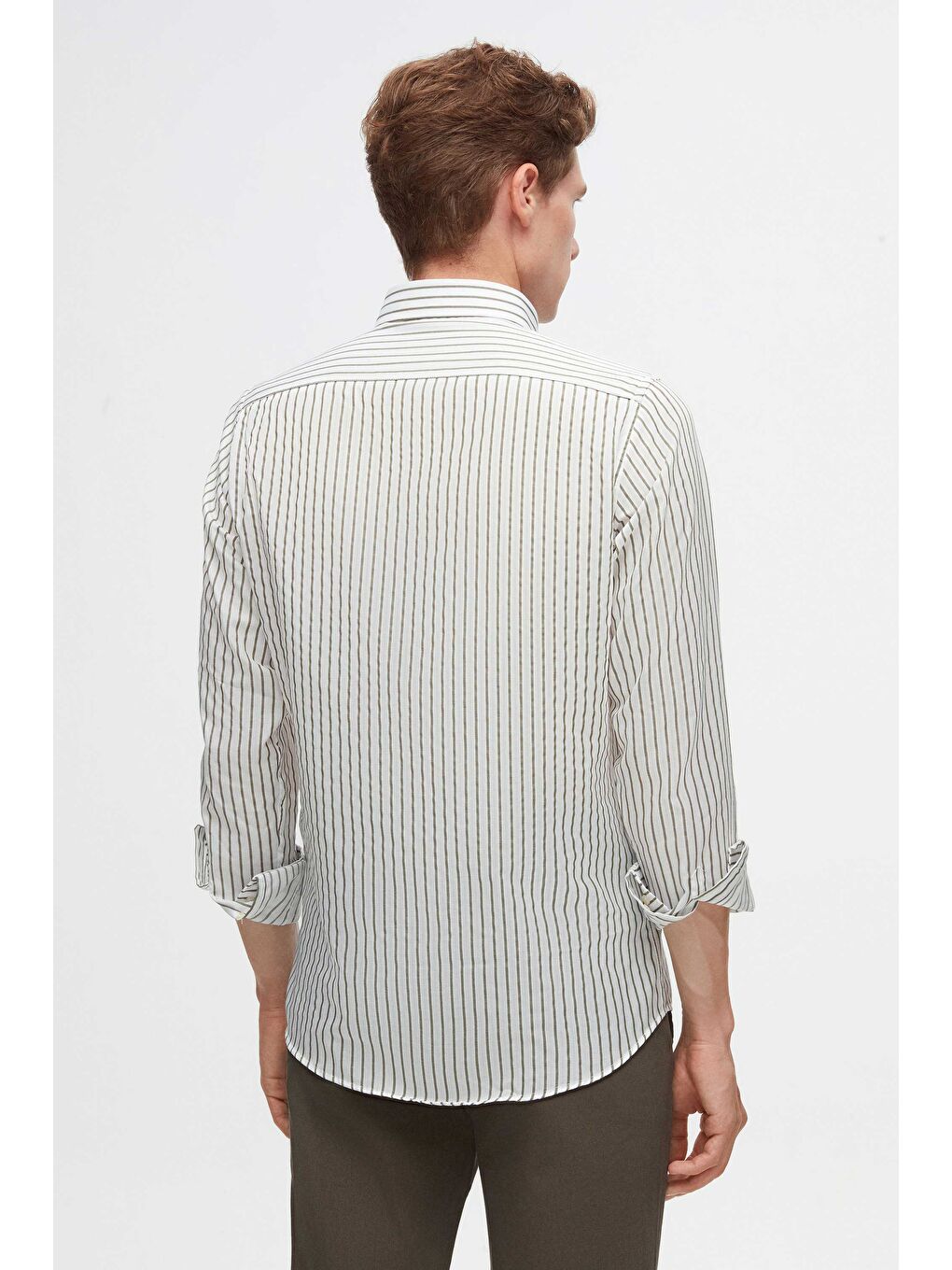 Slim Fit Yeşil Çizgili Gömlek-5