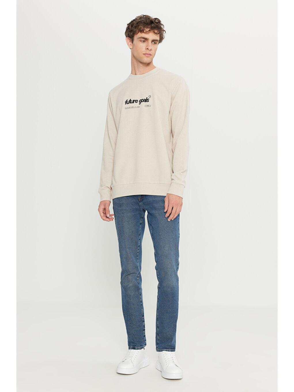 Erkek Bej 2 İplik Pamuklu Standart Fit Normal Kesim Bisiklet Yaka Sweatshirt-1