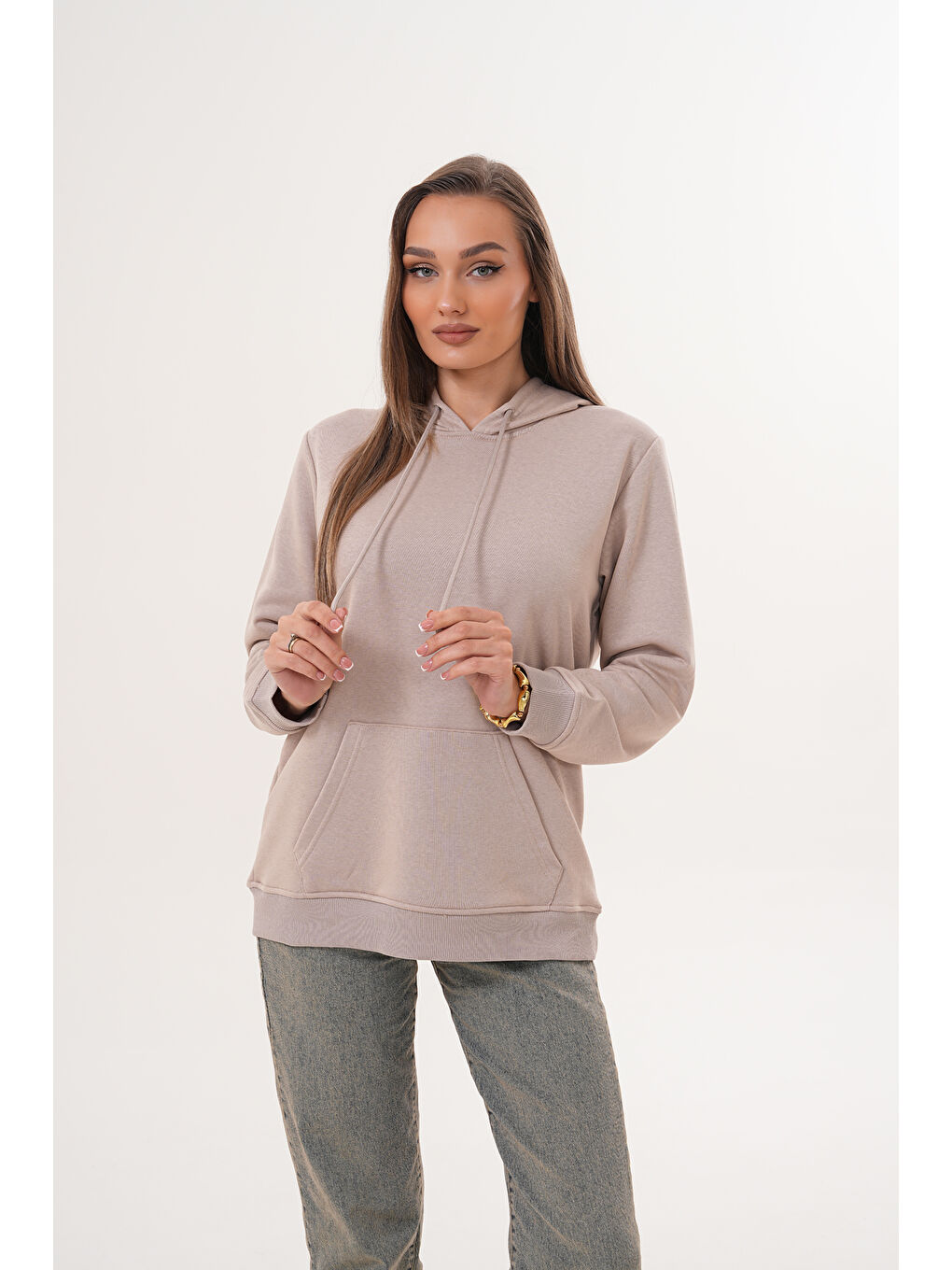 Bej Unisex %100 Pamuk Basic Premium Kapüşonlu Sweatshirt