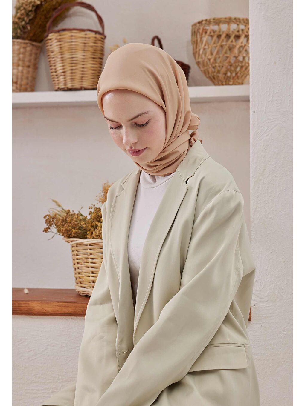 Bej Pamuk İpek Eşarp Nude-1