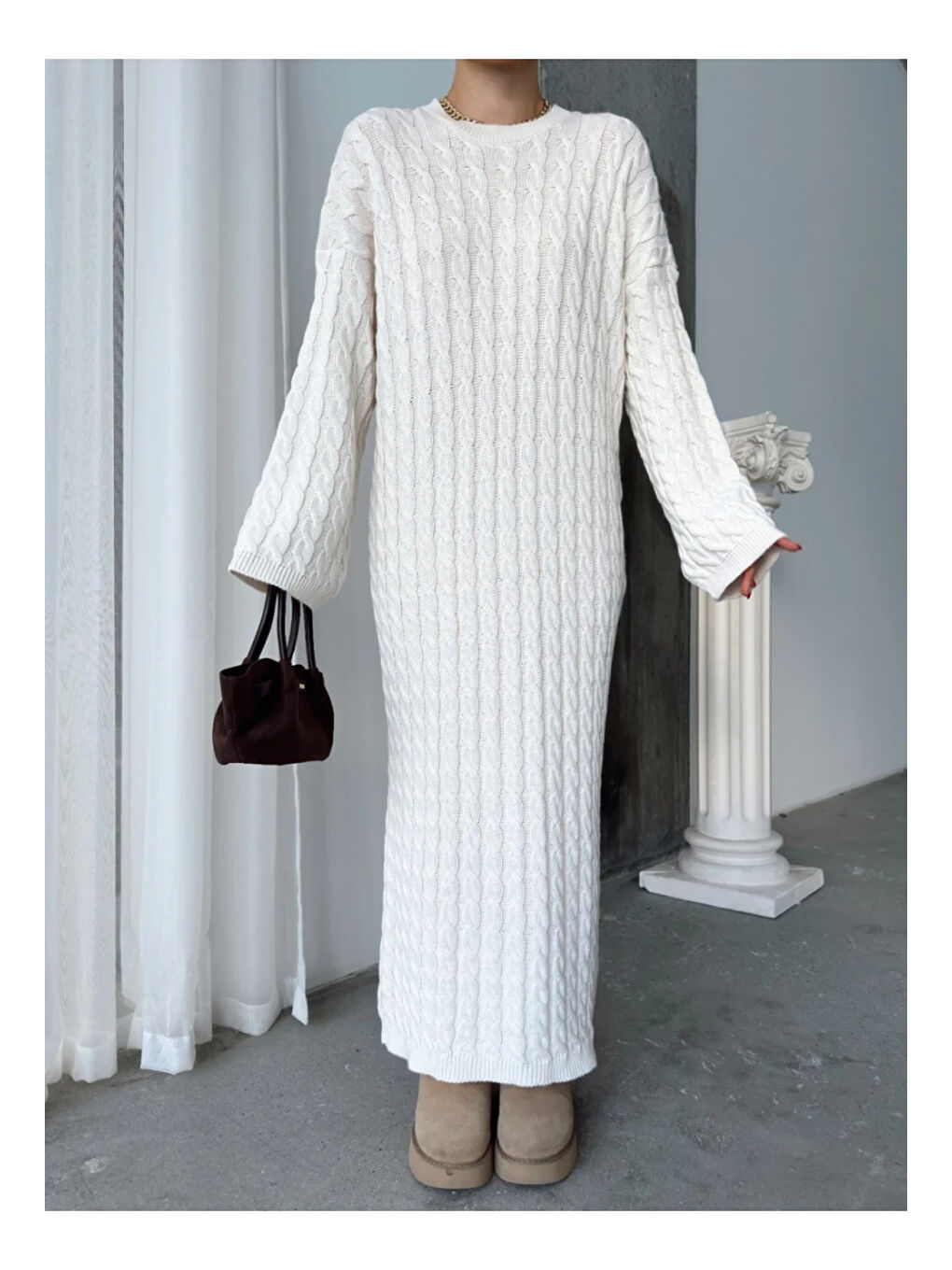 Kadın Beyaz Bisiklet Yaka Saç Örgülü Kadın Triko Midi Elbise-2