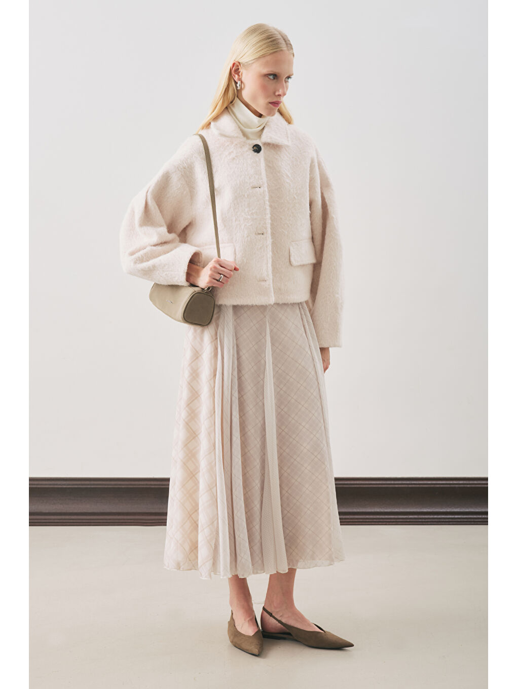 Ekose Desenli Volanlı Etek Ekru