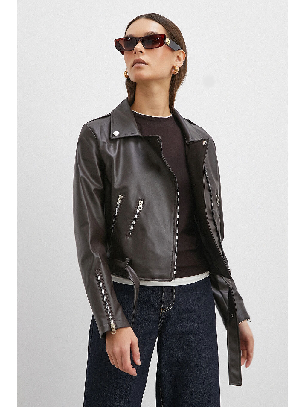 Karışık Beli Kemerli Fermuarlı Deri Ceket Kahve-2