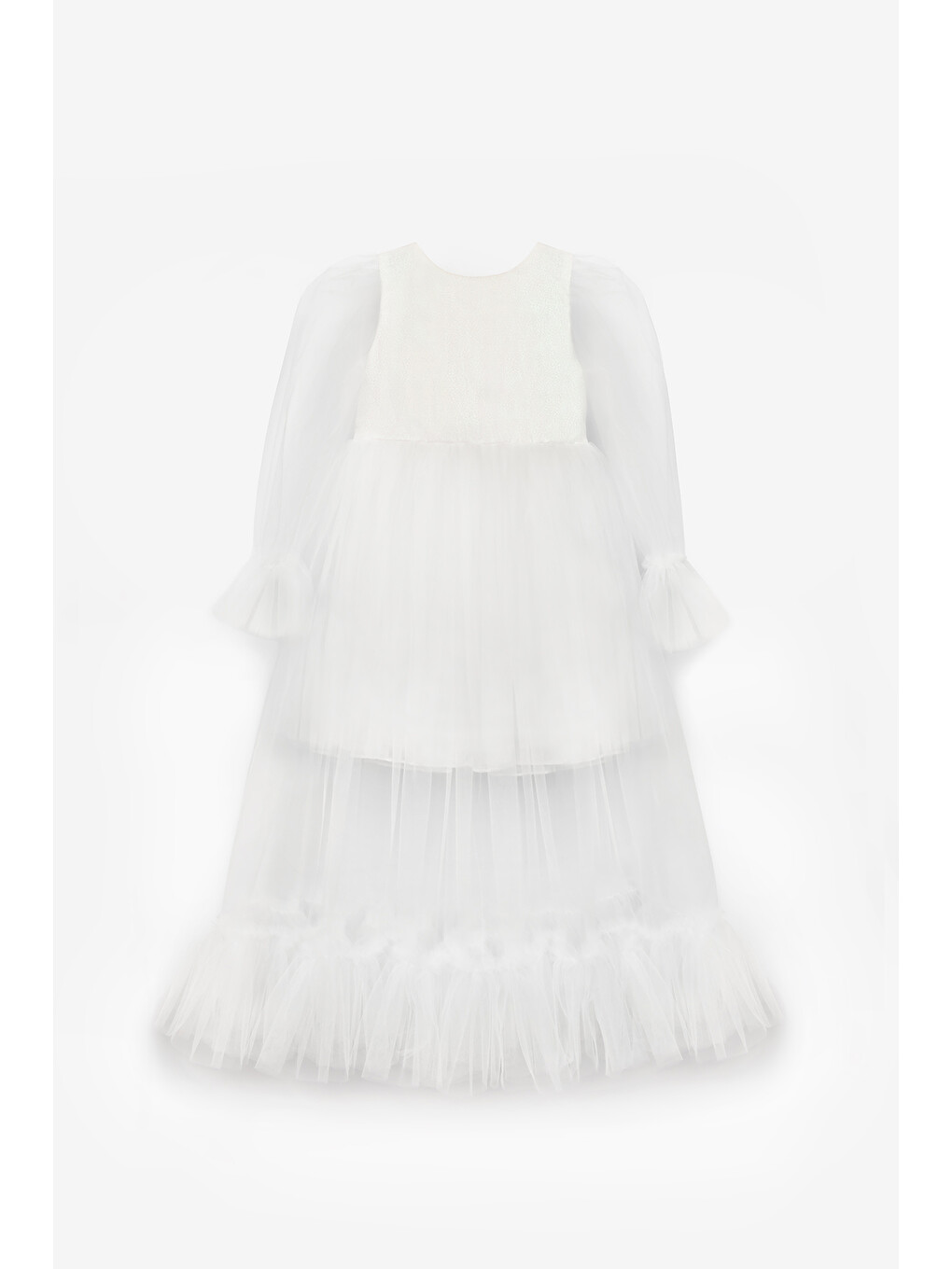 Beyaz Uzun Tül Etekli Simli Kız Çocuk Abiye Mezuniyet Elbisesi - Harriet-1