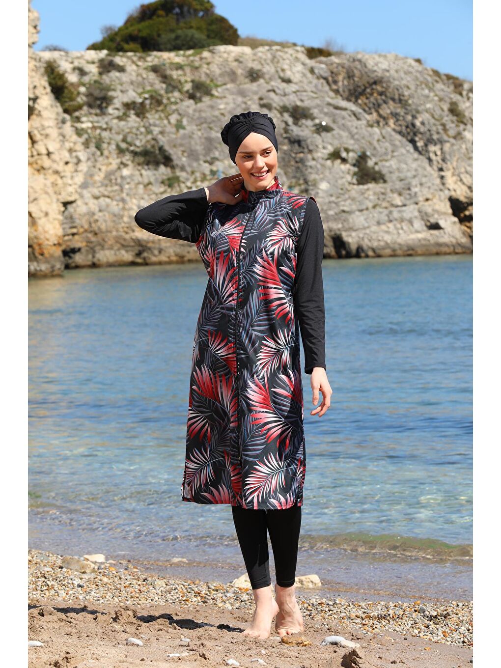 Siyah Dijital Baskılı Uzun Jile Model Kapalı Tesettür Mayo 3472-1