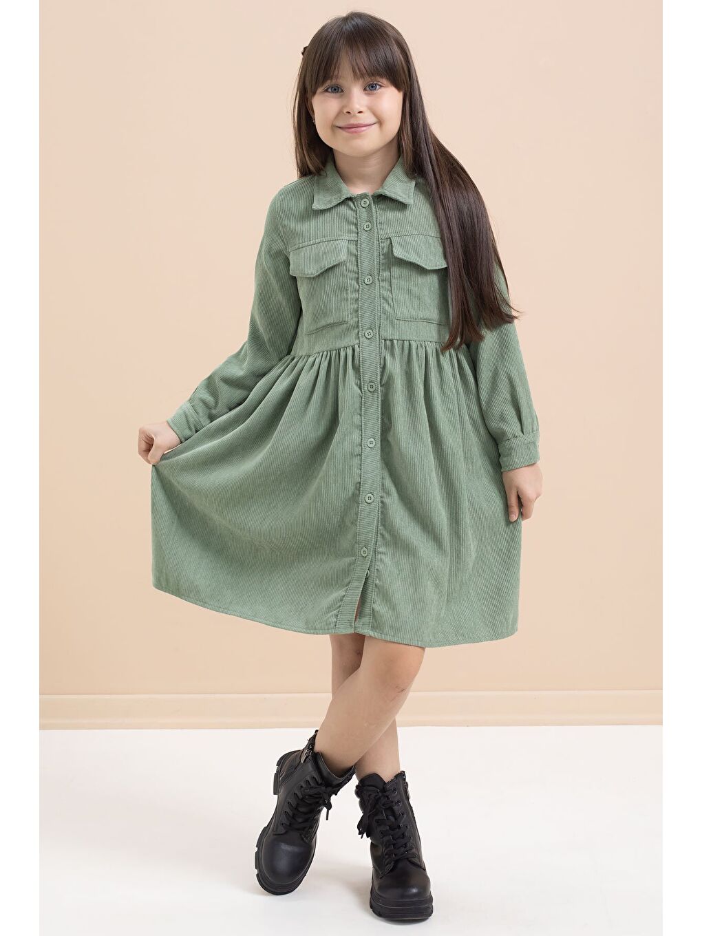 Yeşil Kız Çocuk Cep Detaylı Kadife Desenli Elbise 21547