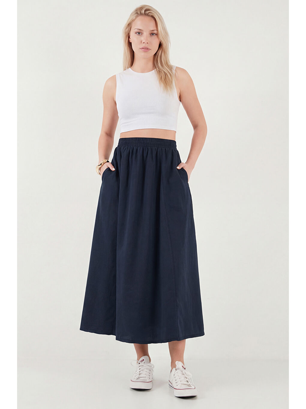 Lacivert Modest Pamuklu Relaxed Fit Lastikli Bel Tesettür Midi Etek 668YE4449-2