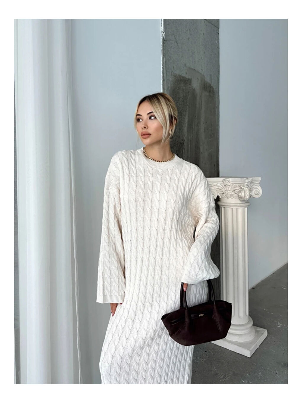 Kadın Beyaz Bisiklet Yaka Saç Örgülü Kadın Triko Midi Elbise-3