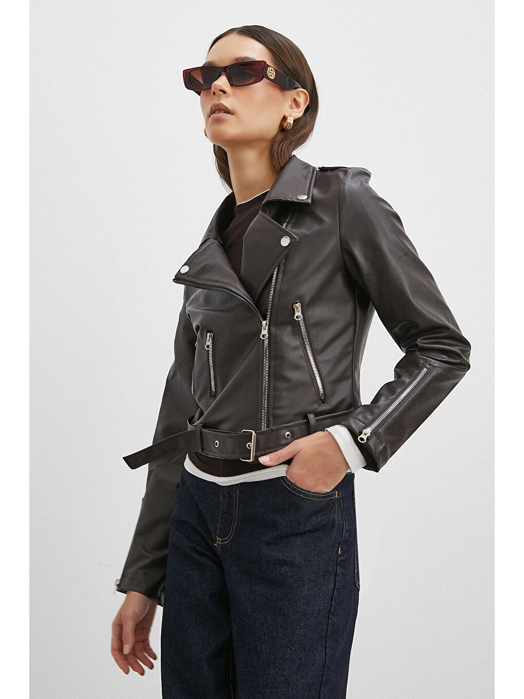 Karışık Beli Kemerli Fermuarlı Deri Ceket Kahve-3