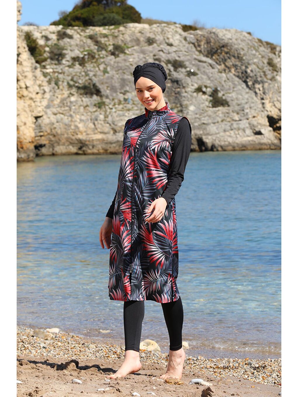 Siyah Dijital Baskılı Uzun Jile Model Kapalı Tesettür Mayo 3472-2