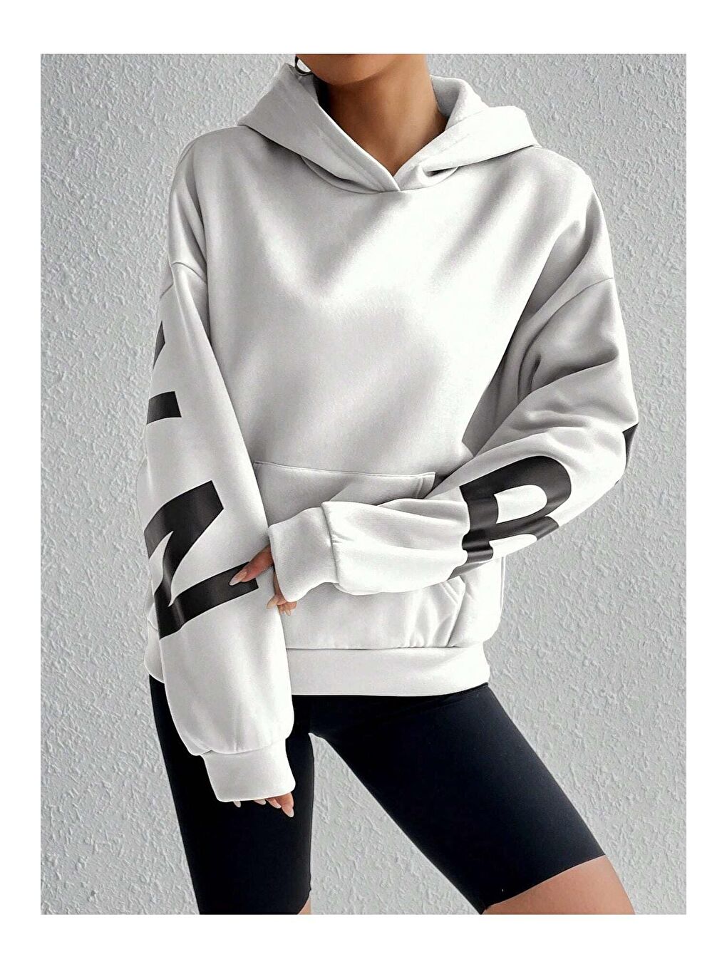 Kadın Beyaz Kolları Brooklyn New York Baskılı Oversize Kapüşonlu Sweatshirt Hoodie-4