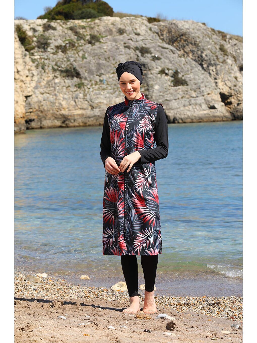 Siyah Dijital Baskılı Uzun Jile Model Kapalı Tesettür Mayo 3472-3