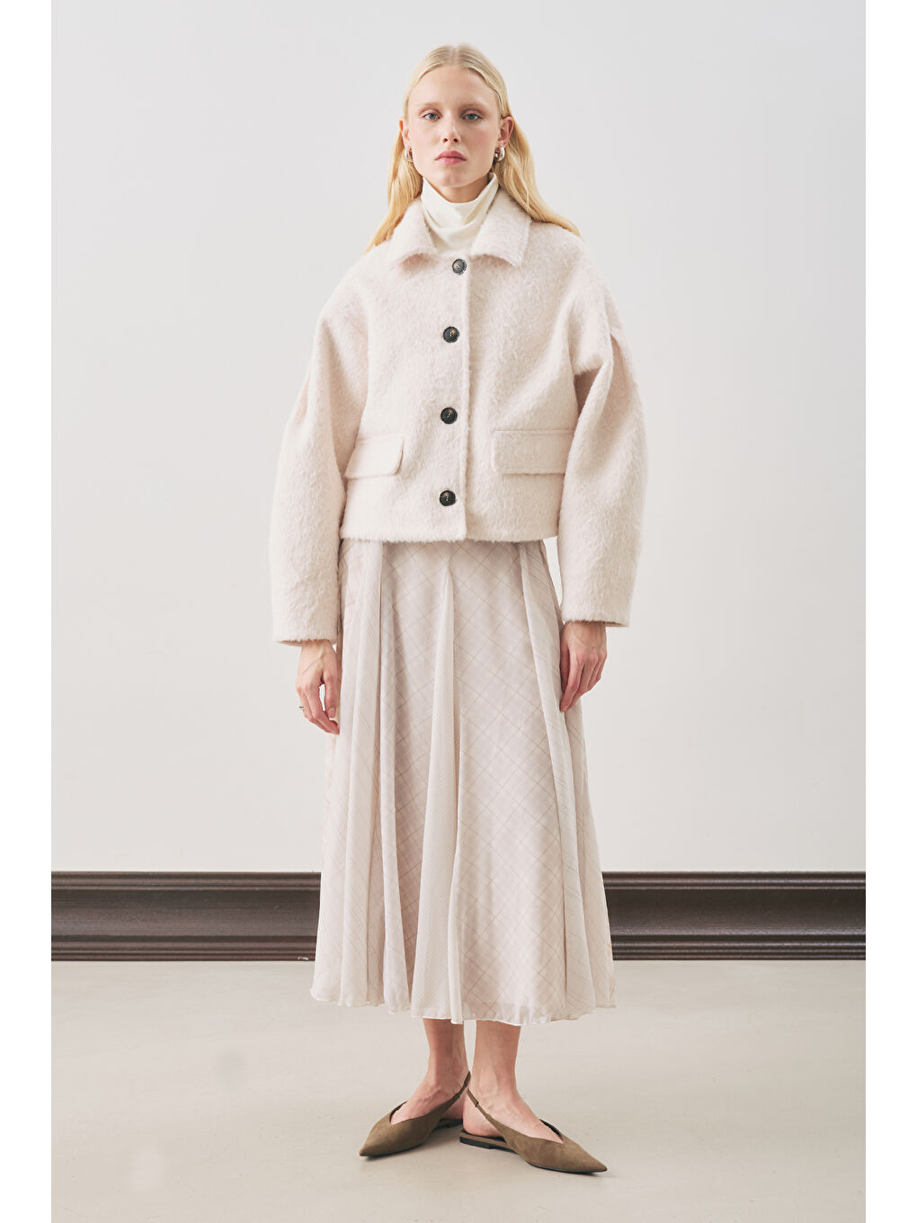 Ekose Desenli Volanlı Etek Ekru-1