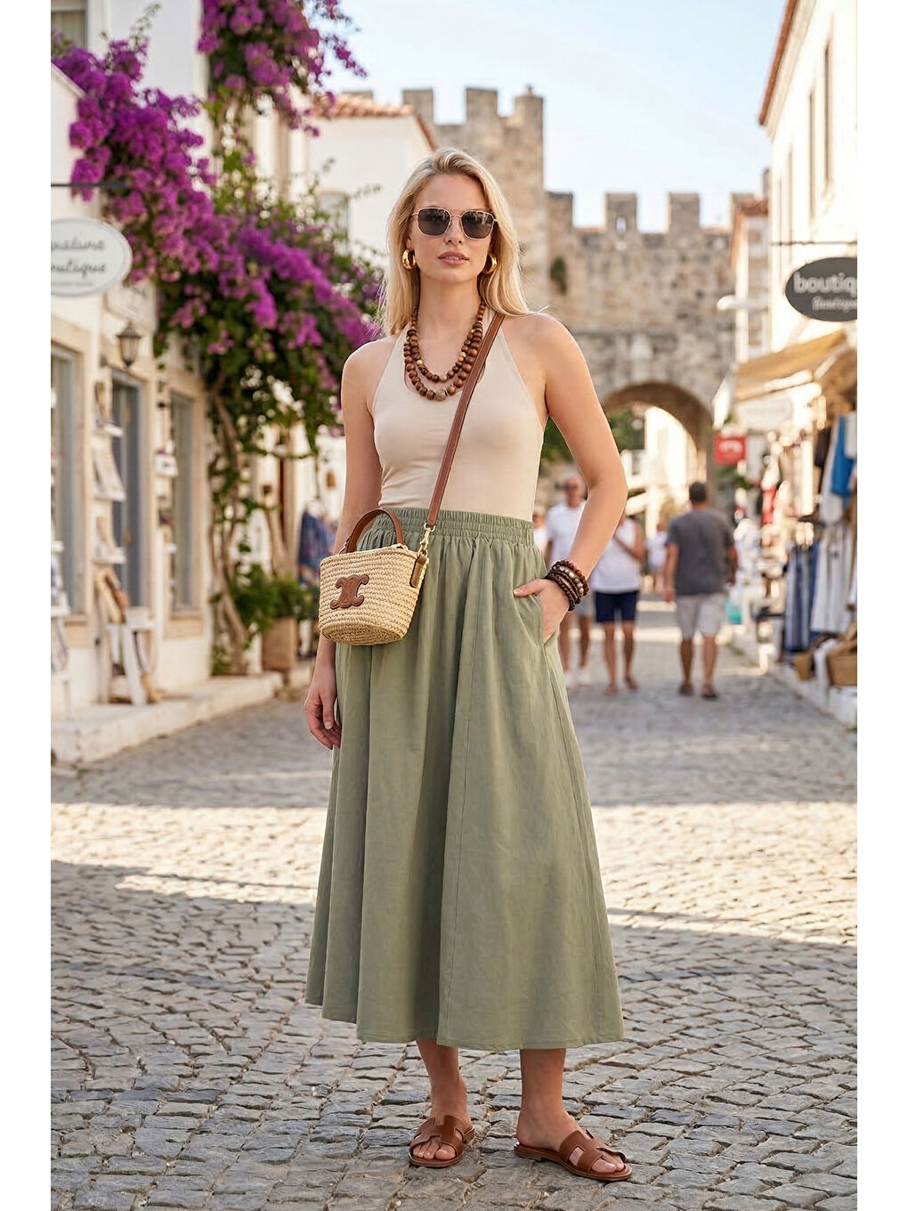 Haki Modest Pamuklu Relaxed Fit Lastikli Bel Tesettür Midi Etek 668YE4449