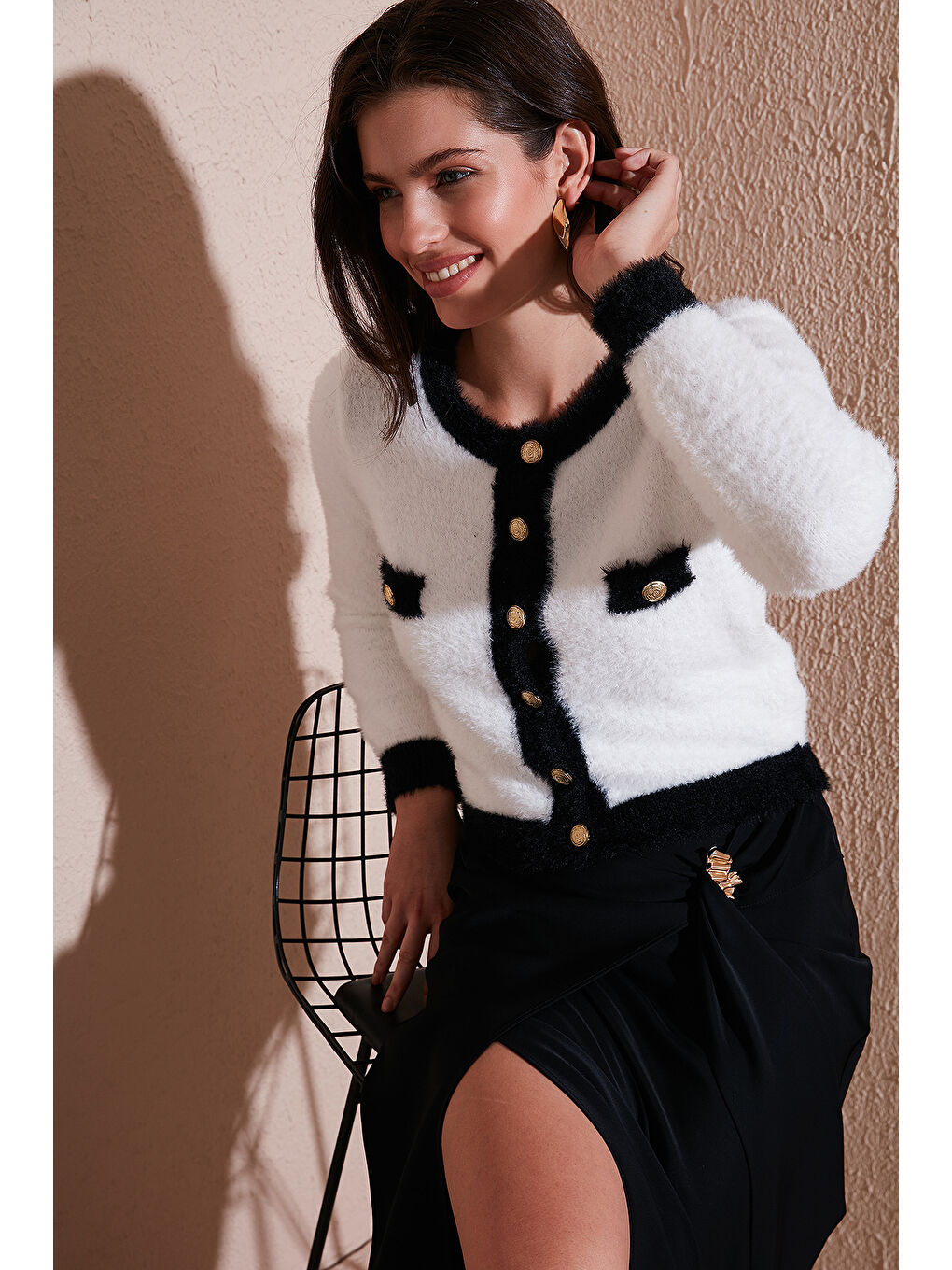 Lila Premium Fitted Fit Bisiklet Yaka Düğmeli Tüylü Triko Hırka 680HI00549-2