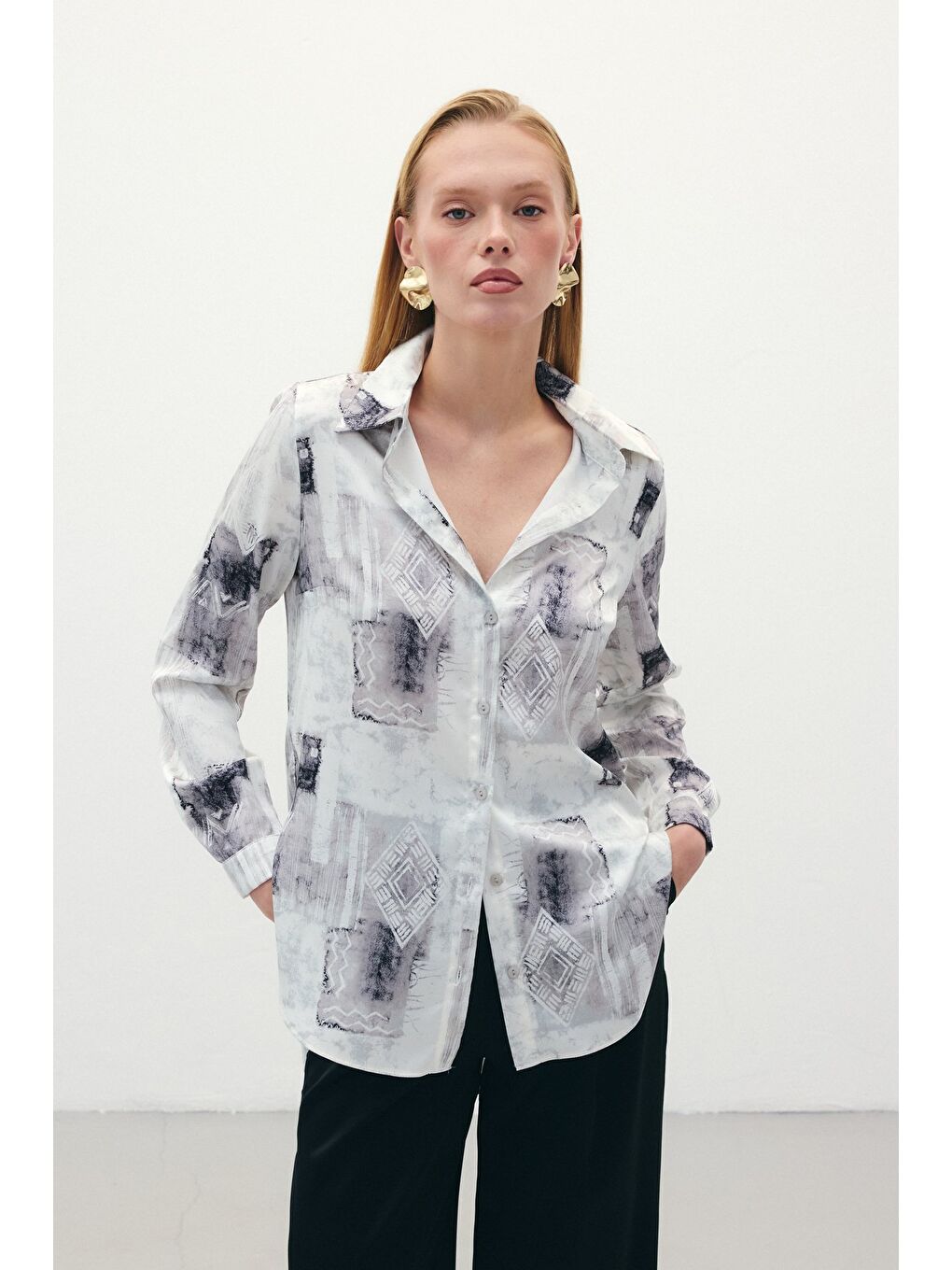 Desenli Klasik Gömlek - Bej-1