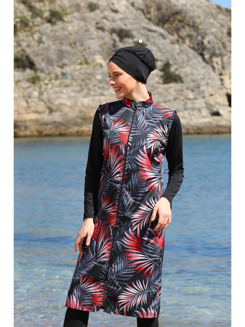 Siyah Dijital Baskılı Uzun Jile Model Kapalı Tesettür Mayo 3472-4