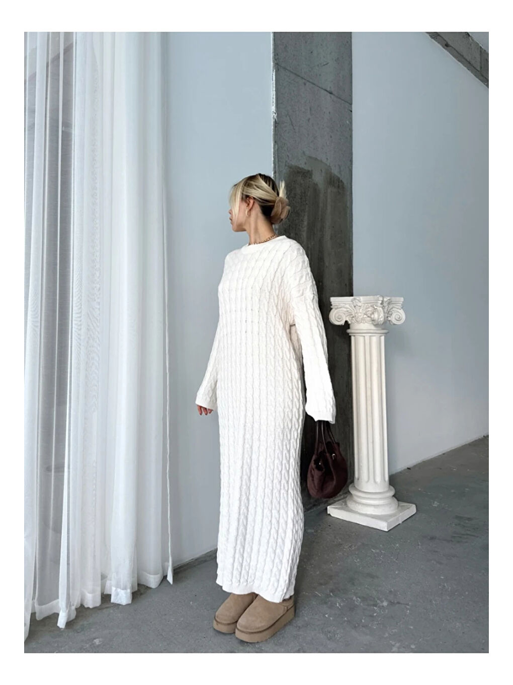 Kadın Beyaz Bisiklet Yaka Saç Örgülü Kadın Triko Midi Elbise-4