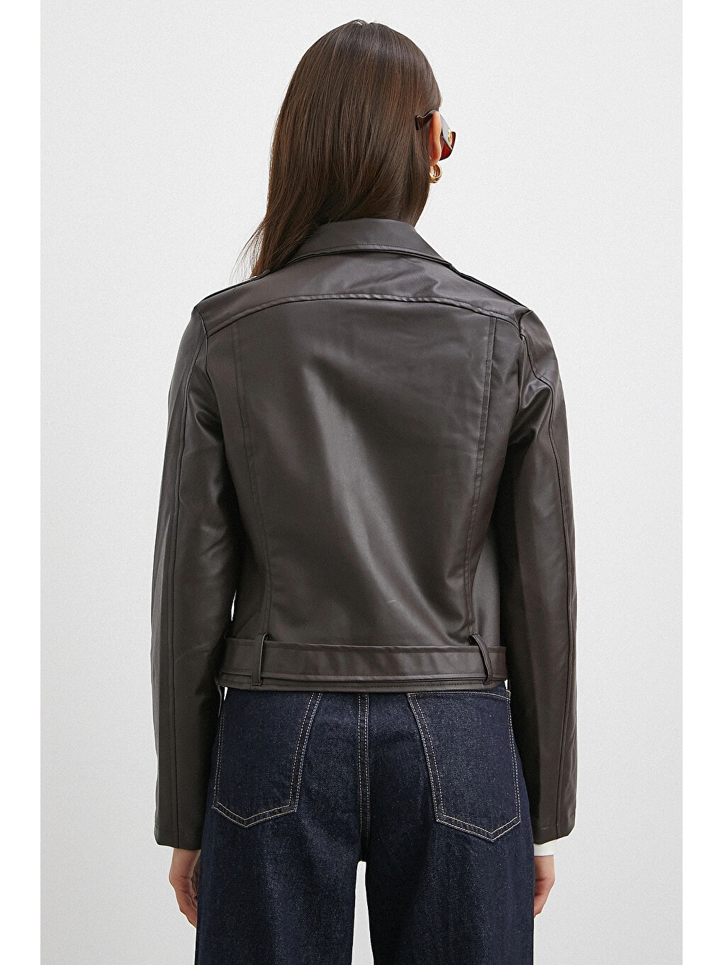 Karışık Beli Kemerli Fermuarlı Deri Ceket Kahve-5