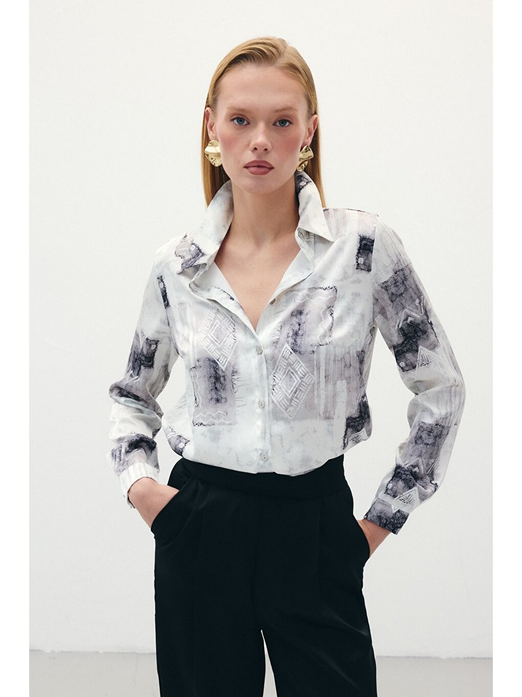 Desenli Klasik Gömlek - Bej-2