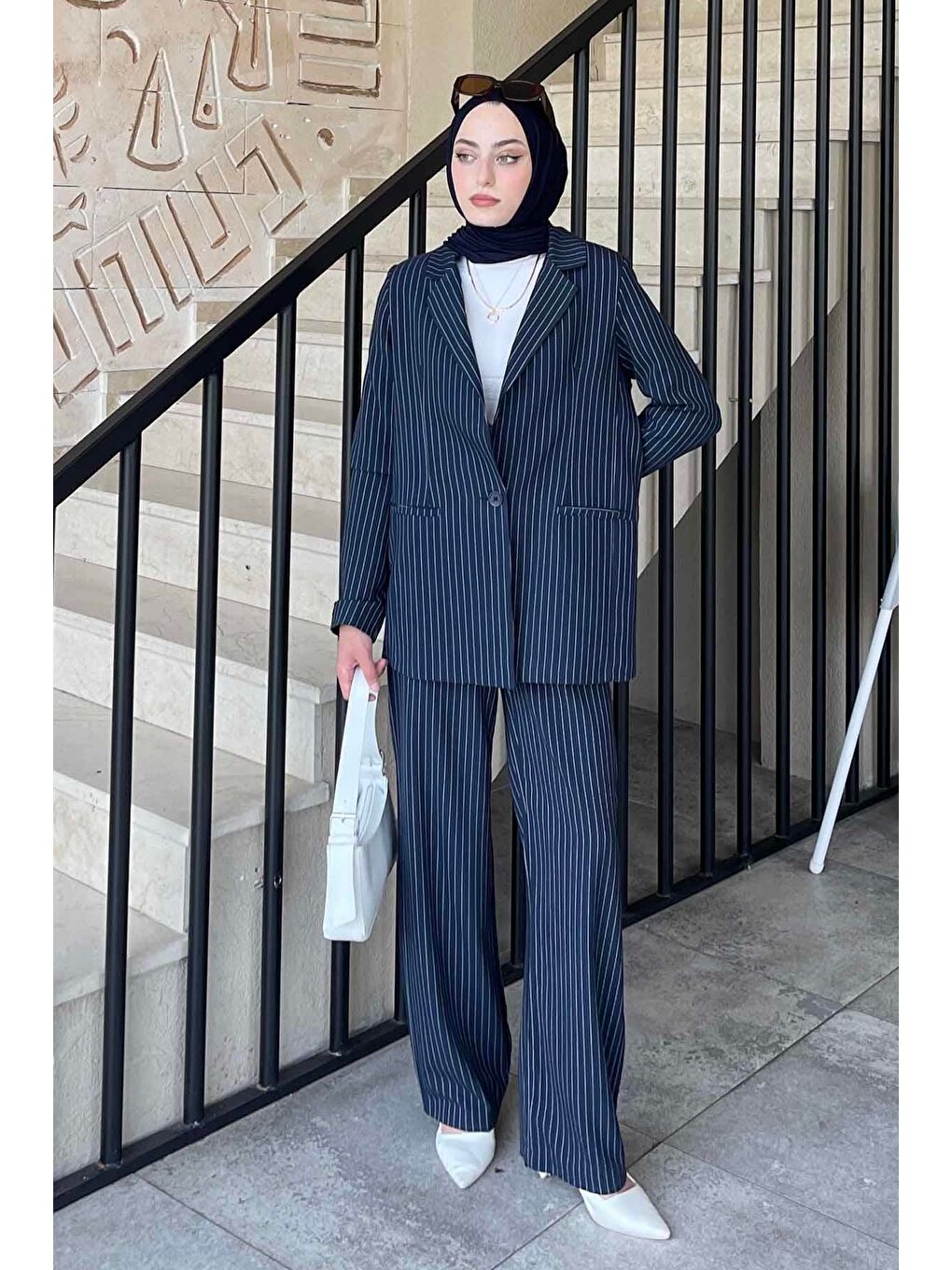 Çizgili Ceket Tesettür Takım Lacivert