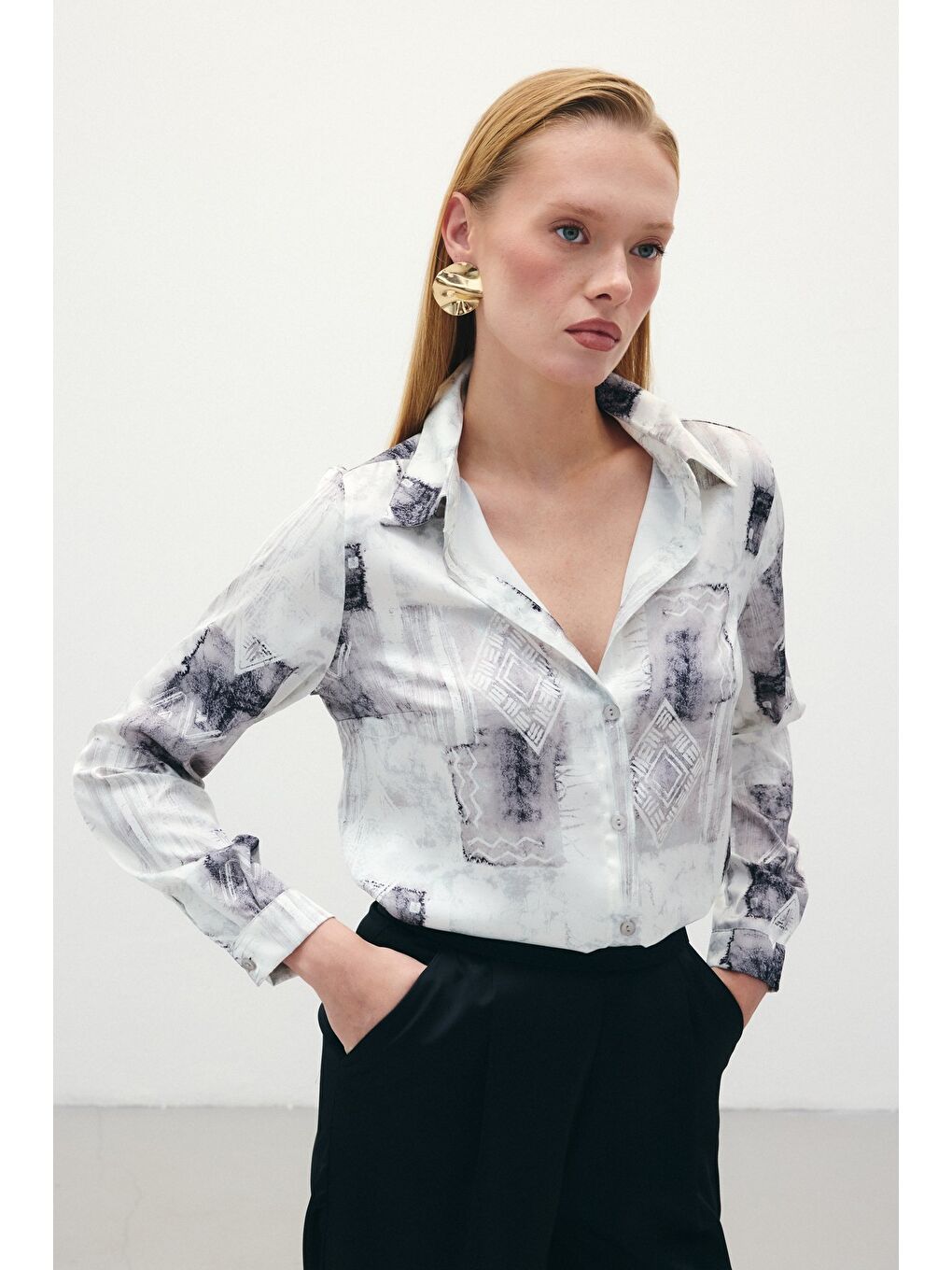 Desenli Klasik Gömlek - Bej-5