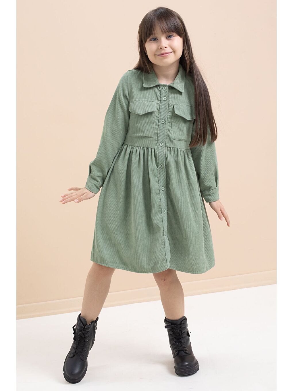 Yeşil Kız Çocuk Cep Detaylı Kadife Desenli Elbise 21547-1