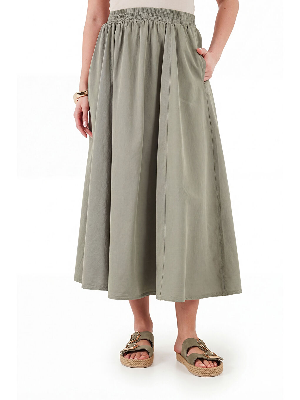 Haki Modest Pamuklu Relaxed Fit Lastikli Bel Tesettür Midi Etek 668YE4449-2