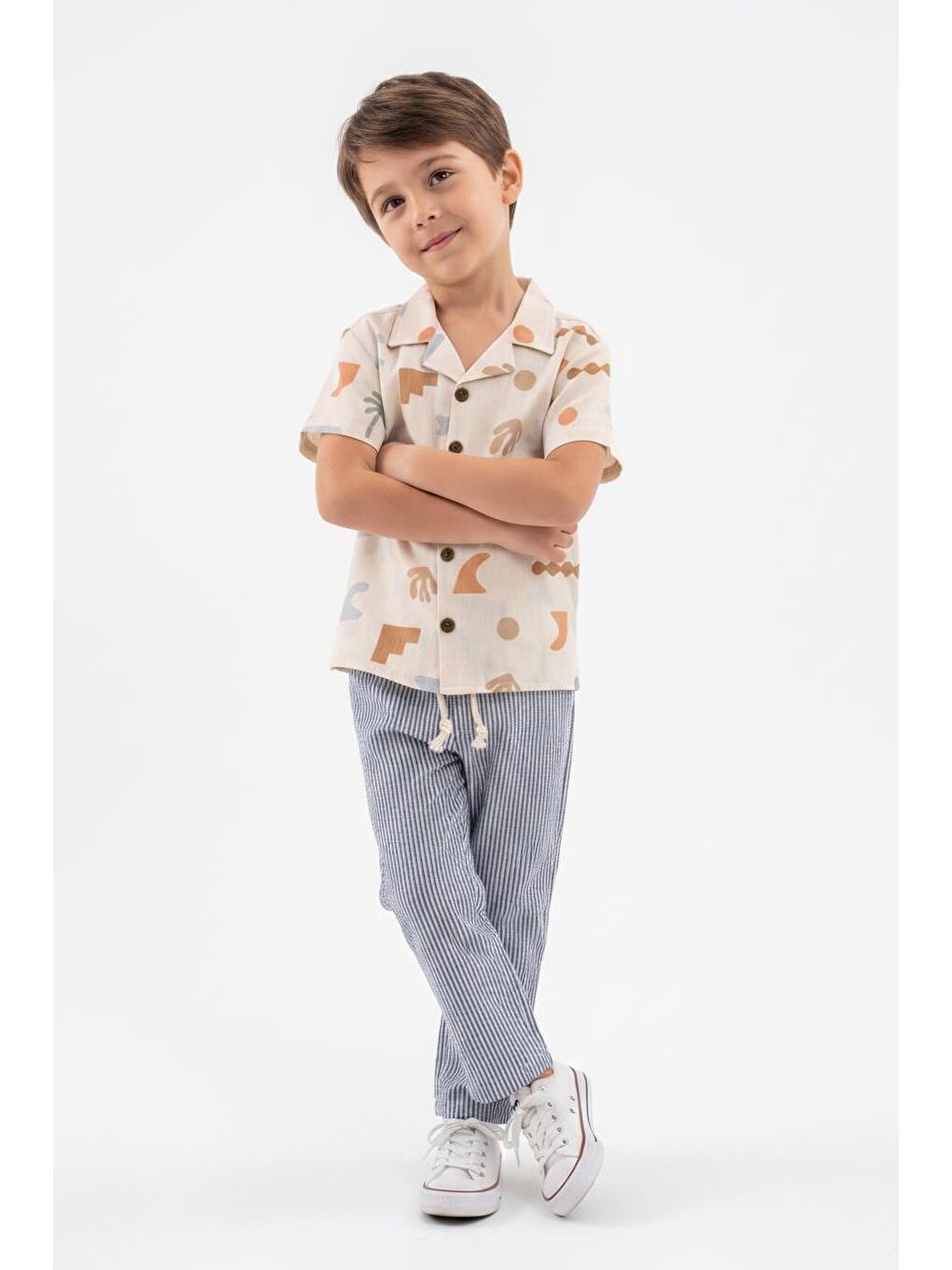 İndigo Baskılı Müslin Gömlek Pantolon 2li Takım-4