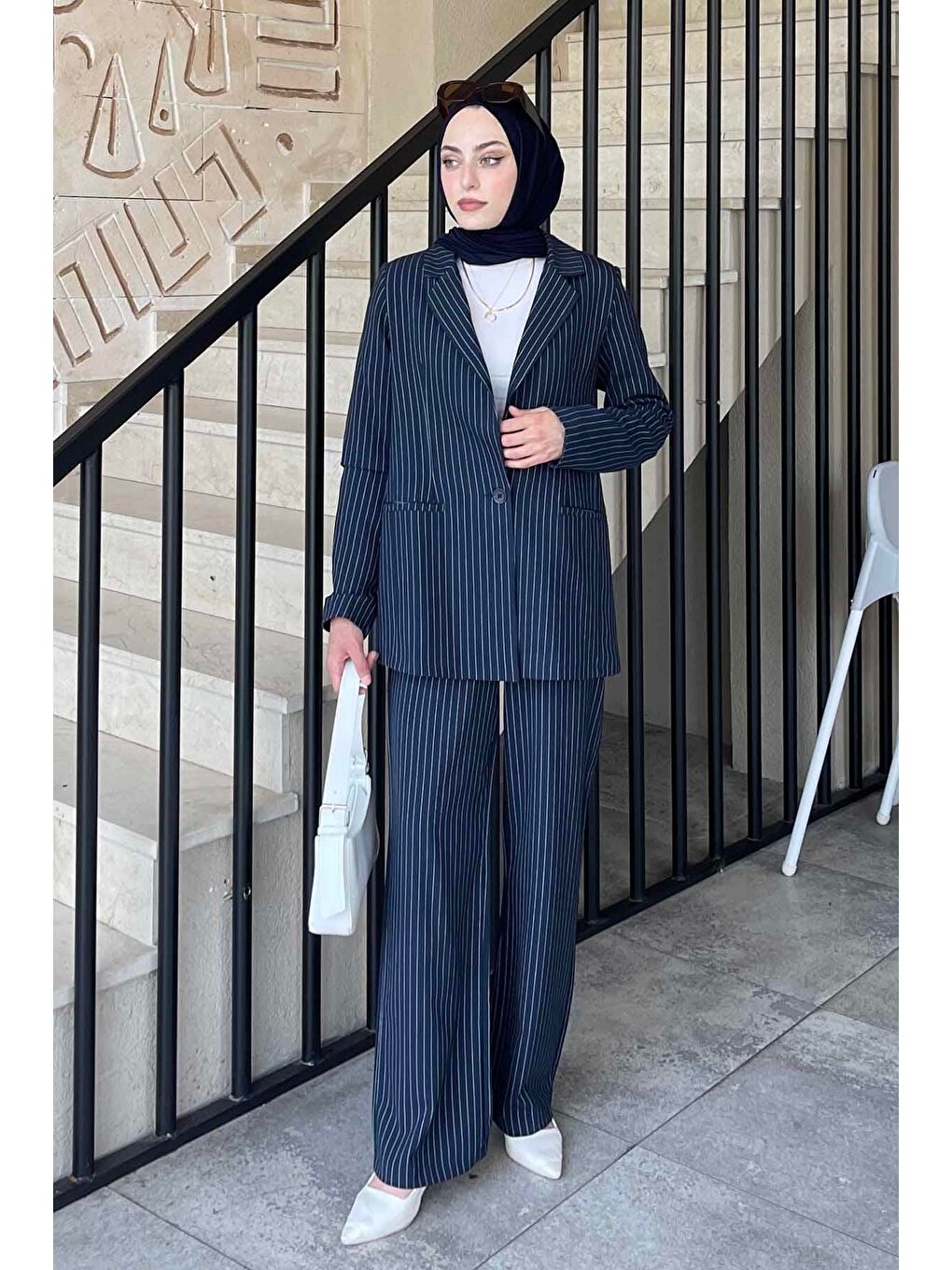 Çizgili Ceket Tesettür Takım Lacivert-1