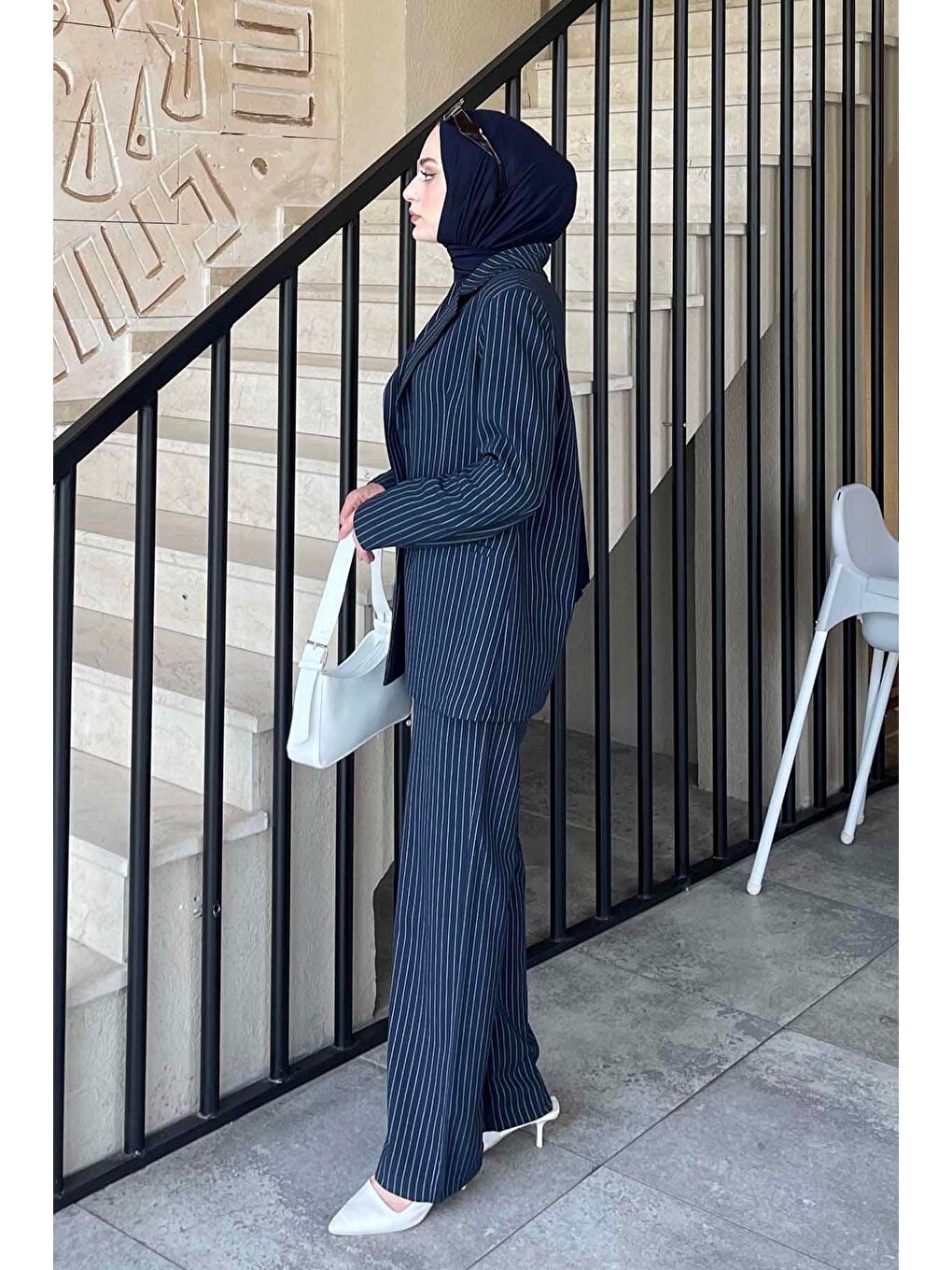Çizgili Ceket Tesettür Takım Lacivert-2