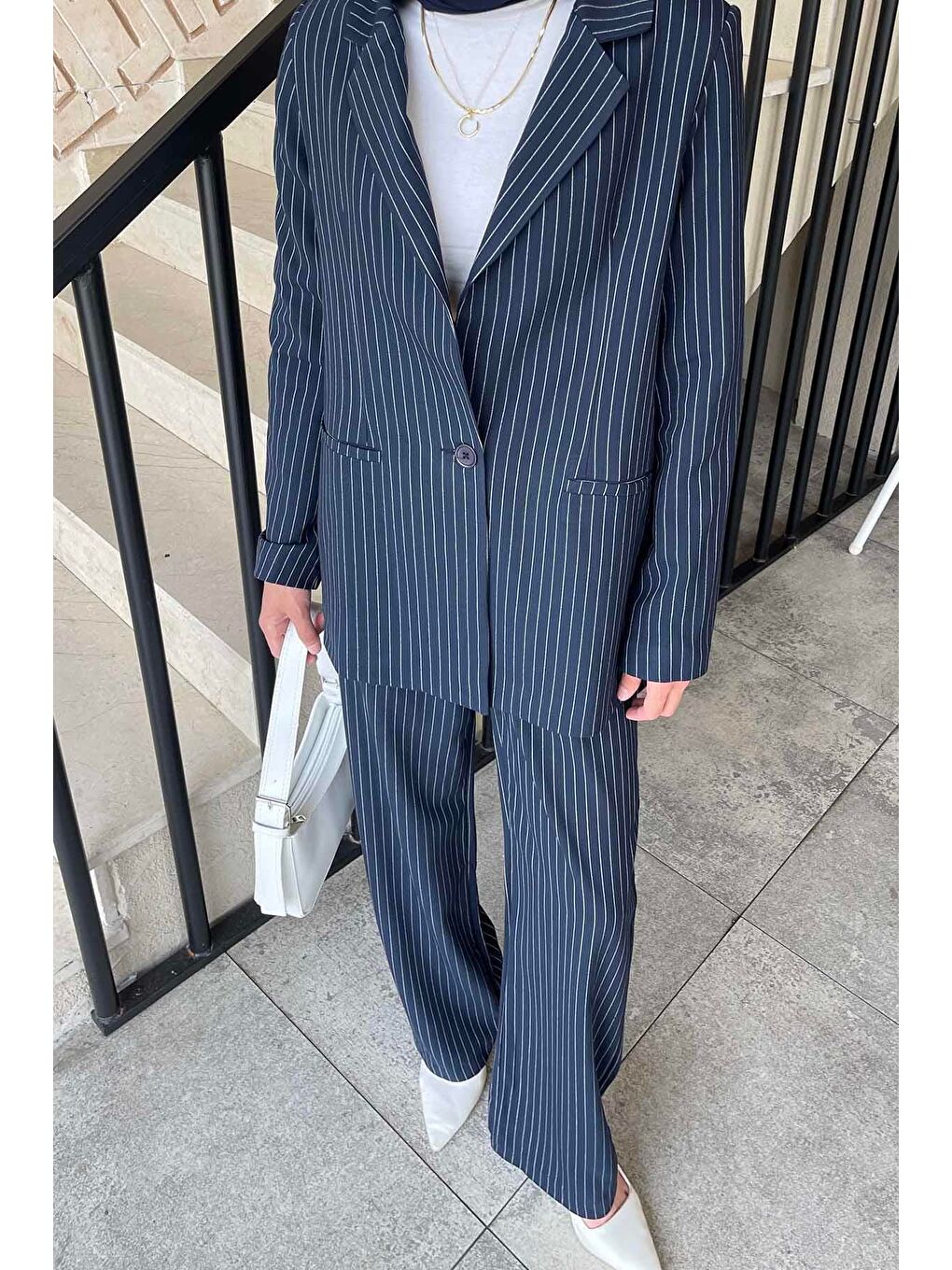 Çizgili Ceket Tesettür Takım Lacivert-3