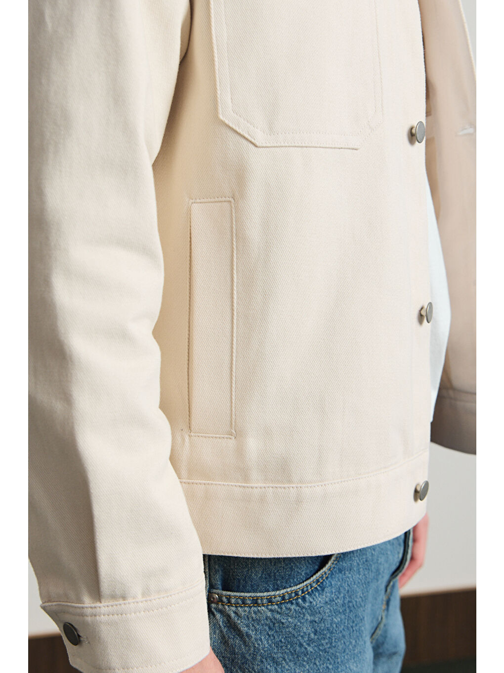 Erkek Nakışlı Denim Ceket Bej-7