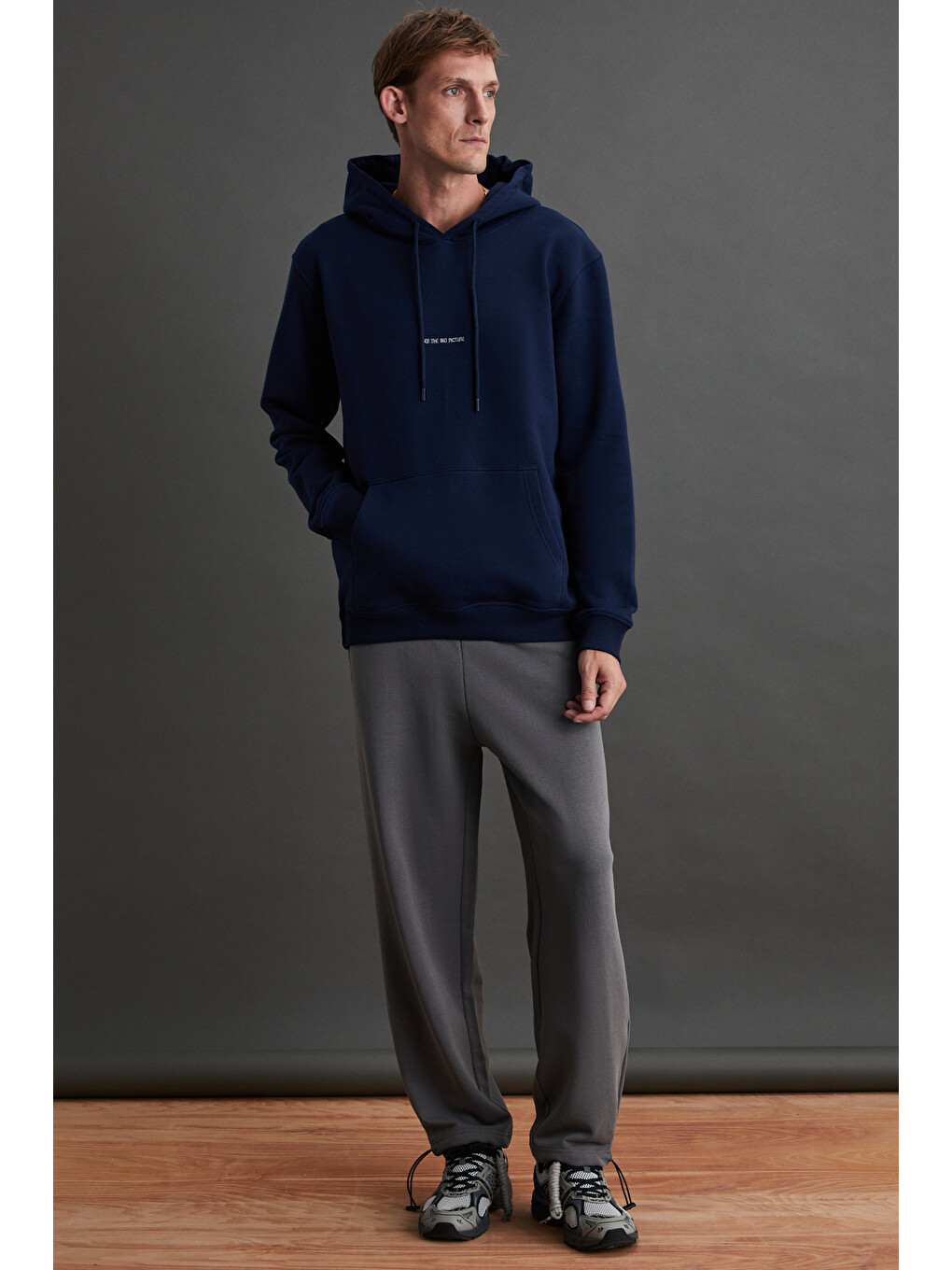 Epıc Erkek Organik Pamuklu Yumuşacık Nakış Detaylı Kapüşonlu Kordonlu Regular Lacivert Sweatshirt-1