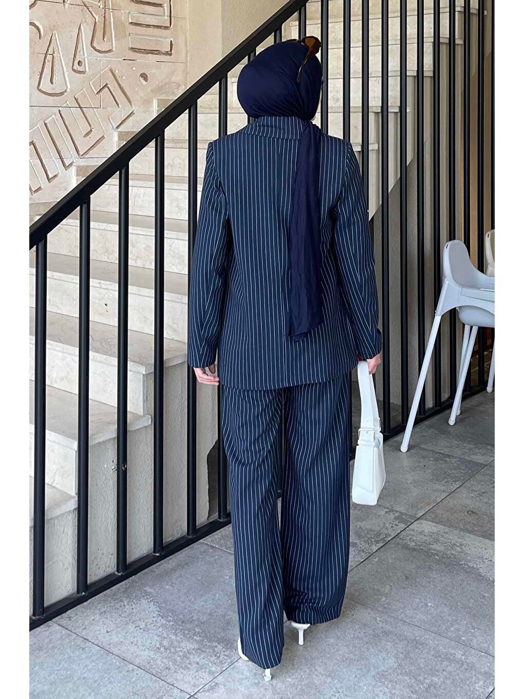 Çizgili Ceket Tesettür Takım Lacivert-4