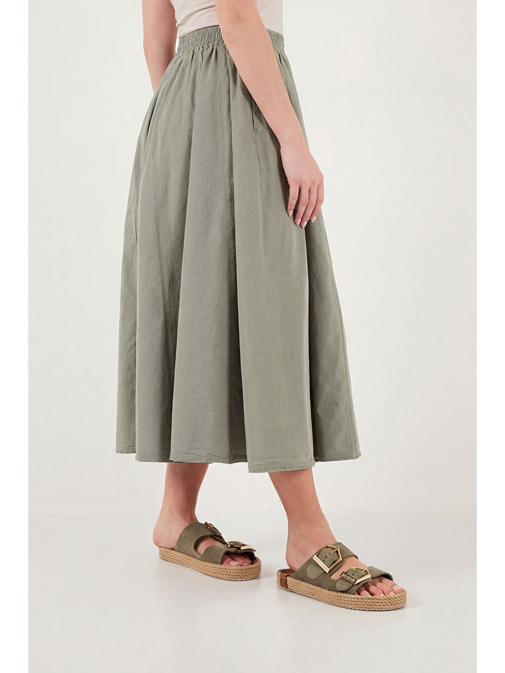 Haki Modest Pamuklu Relaxed Fit Lastikli Bel Tesettür Midi Etek 668YE4449-4