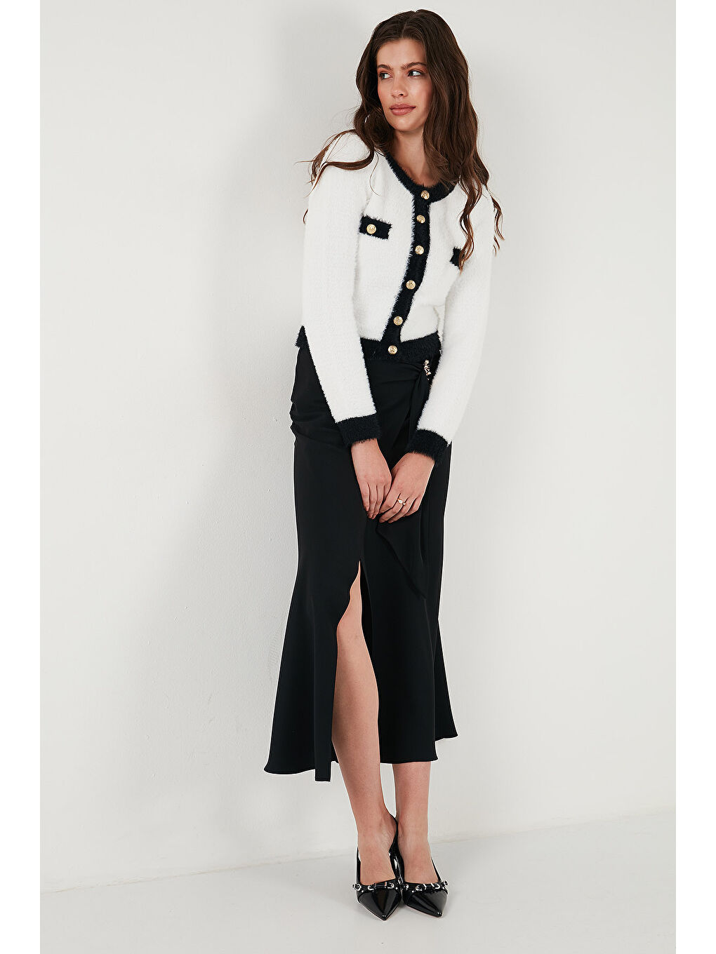 Lila Premium Fitted Fit Bisiklet Yaka Düğmeli Tüylü Triko Hırka 680HI00549-3