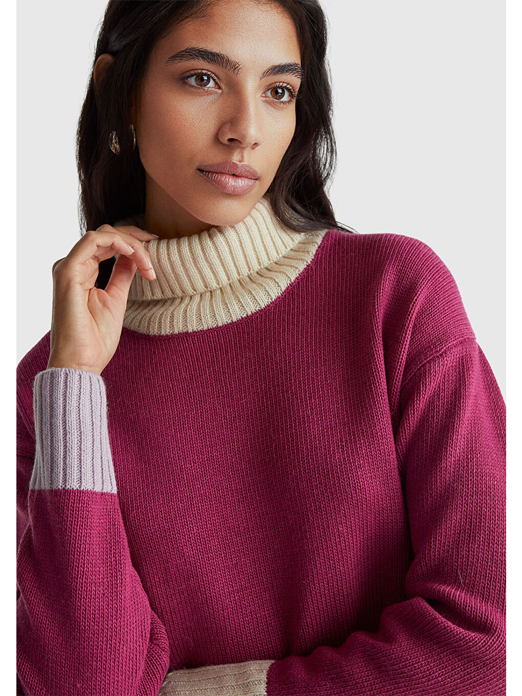 Kadın Koyu Pembe Akrilik ve Yün Karışımlı Çok Renkli Balıkçı Yaka Kazak-5