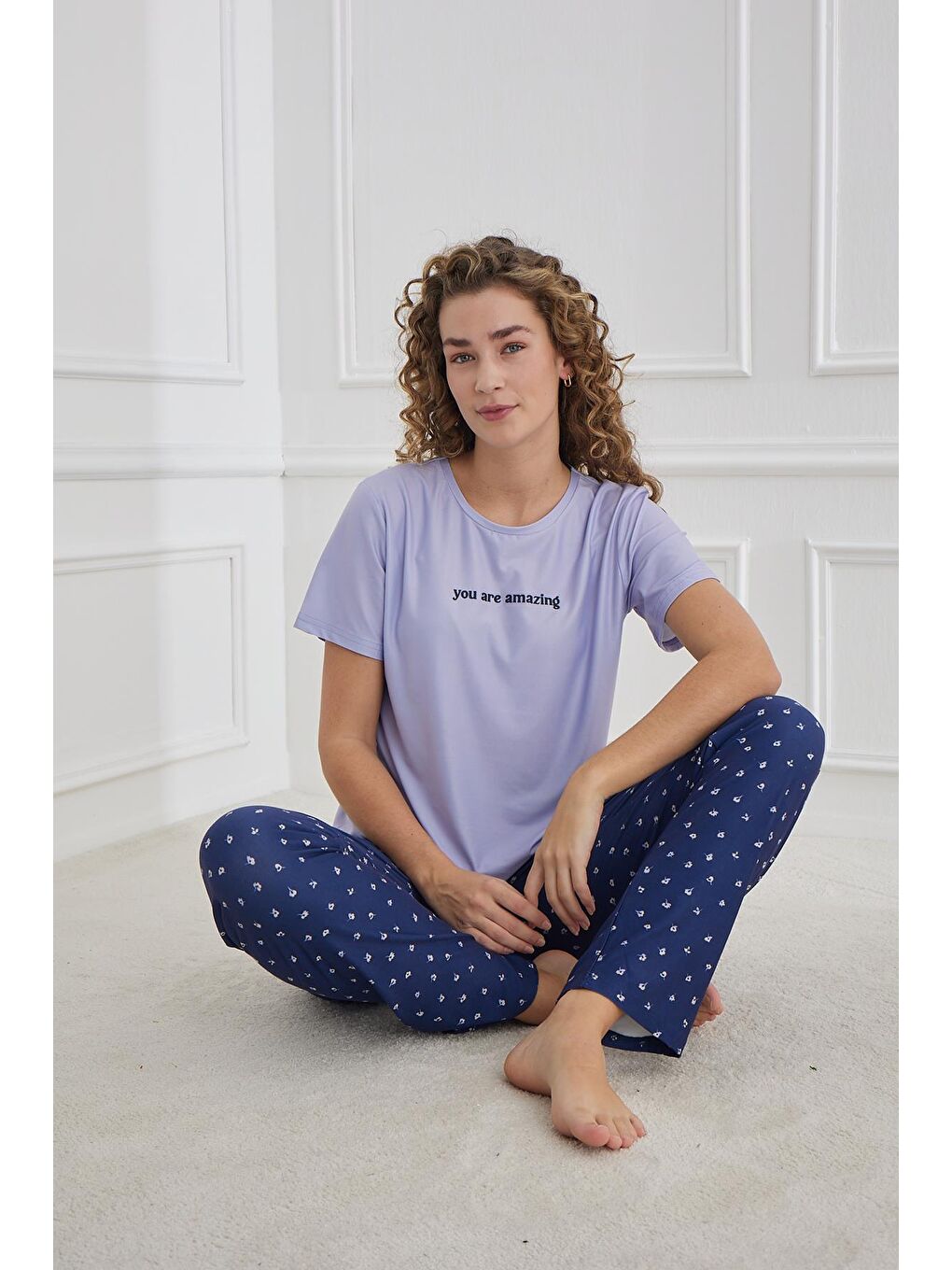 Lila Kadın Desenli Bisiklet Yaka Pijama Takım | Lavanta 30102-1291-1