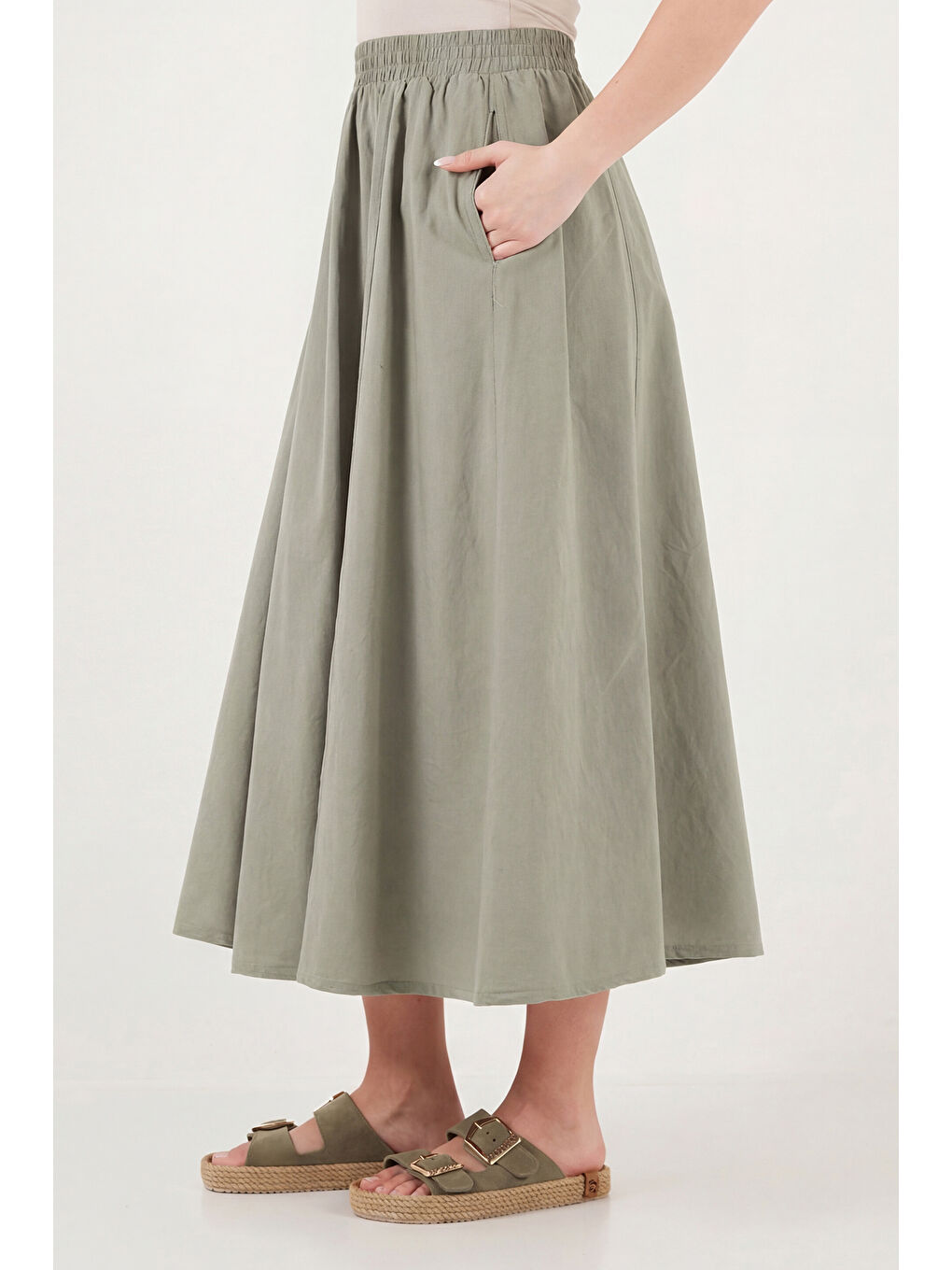 Haki Modest Pamuklu Relaxed Fit Lastikli Bel Tesettür Midi Etek 668YE4449-5