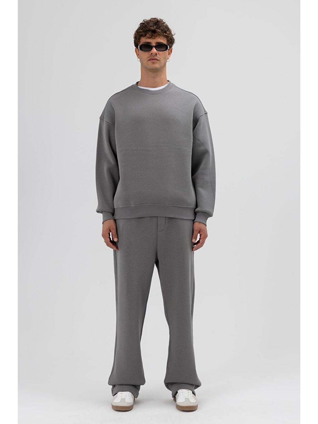 Gri Basic Bisiklet Yaka Oversize Sweatshirt Füme-1