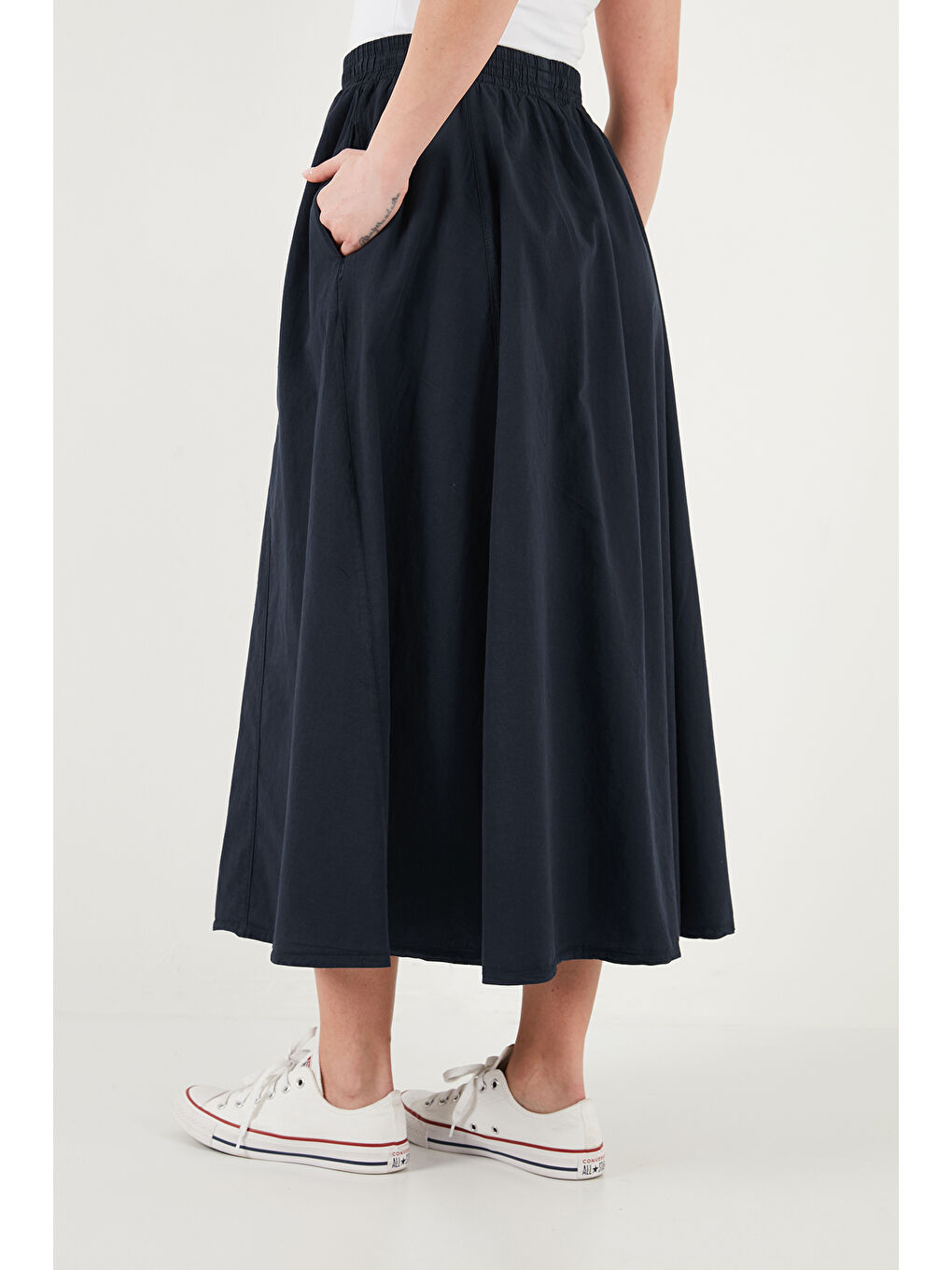 Lacivert Modest Pamuklu Relaxed Fit Lastikli Bel Tesettür Midi Etek 668YE4449-5